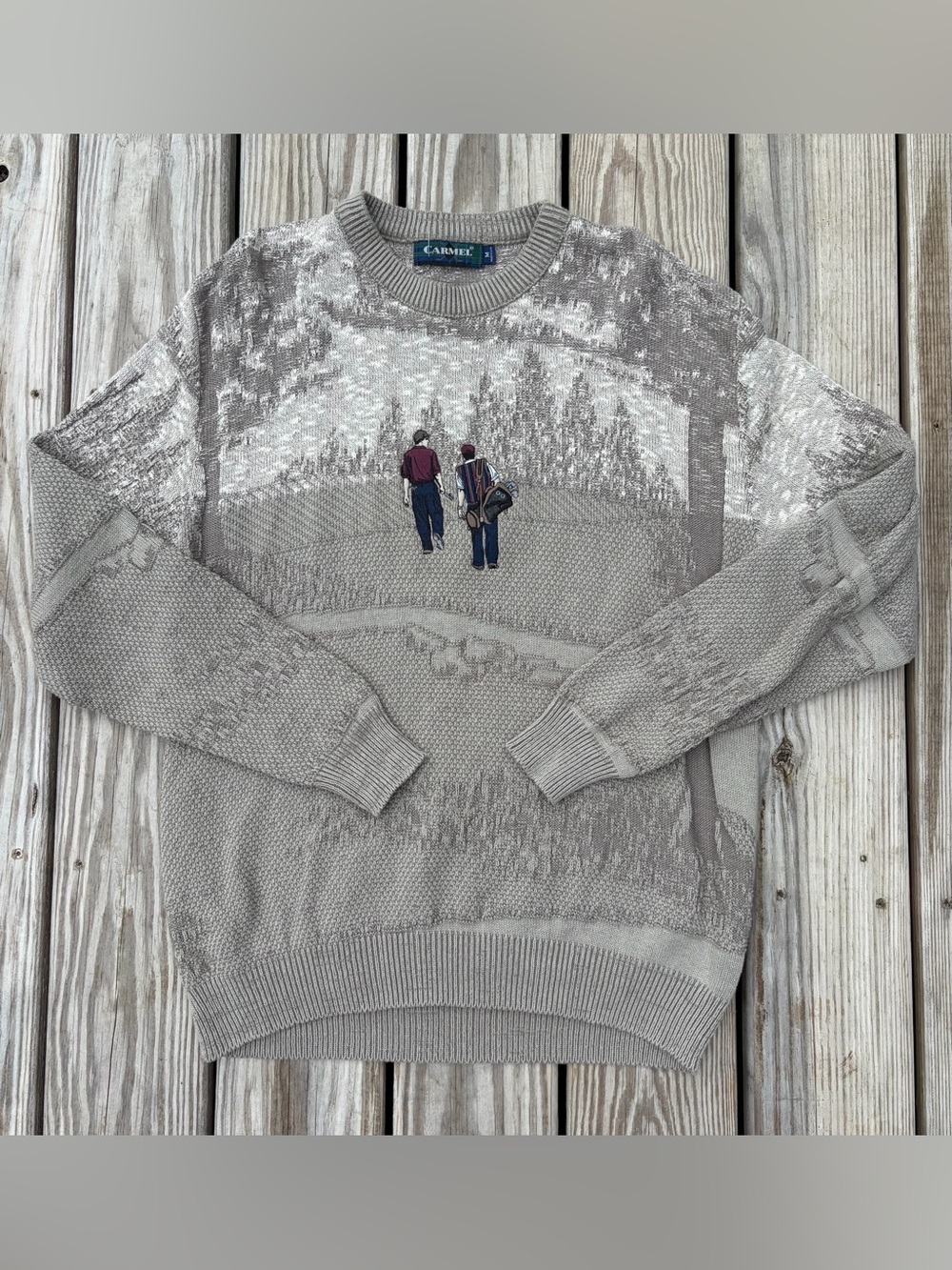 Carmel Golf Sweater Mens Medium USA Vintage Embroidered Marbled Preppy Grey